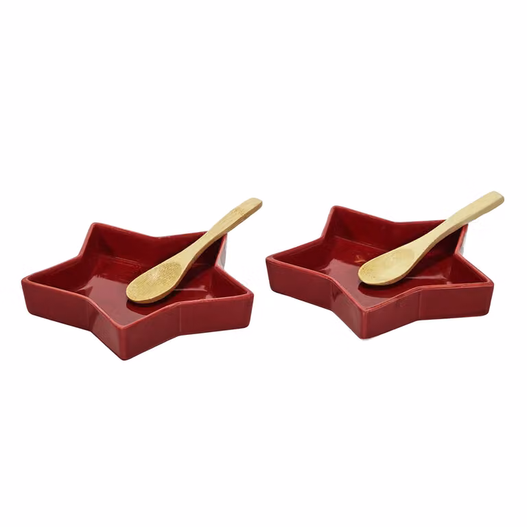 Vestiamo Casa Gran Natale - Set di 4 Ciotole in Ceramica e Cucchiai in Bamboo, Colore Rosso