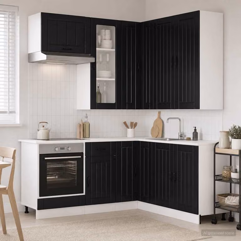 vidaXL Unità Cucina LUCCA 8 Pezzi Nero con Ante in Vetro e Legno MDF