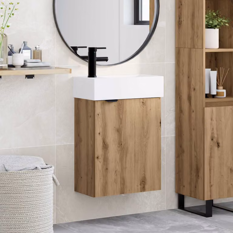 Mobile bagno moderno vidaXL in rovere con rubinetto e ante a battente