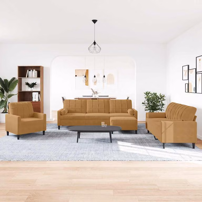 Set di divani moderno vidaXL in velluto marrone composto da divano a 3 posti, divano a 2 posti e pouf con cuscini e struttura in metallo