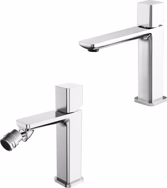 Set di miscelatori per lavabo a bocca lunga e bidet Lotus in ottone cromato argento con comando monocomando e scarico pop-up