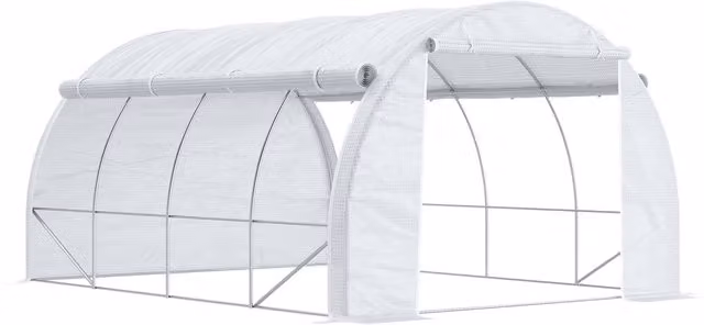 Outsunny Serra a Tunnel con Porta, Pannelli e 8 Finestre Avvolgibili in Acciaio Zincato e PE, Bianco, L 3.97 m x H 3 m x P 2 m