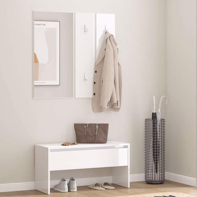 Set di mobili da corridoio vidaXL bianco lucido con panca, specchio e pannello in stile minimalista