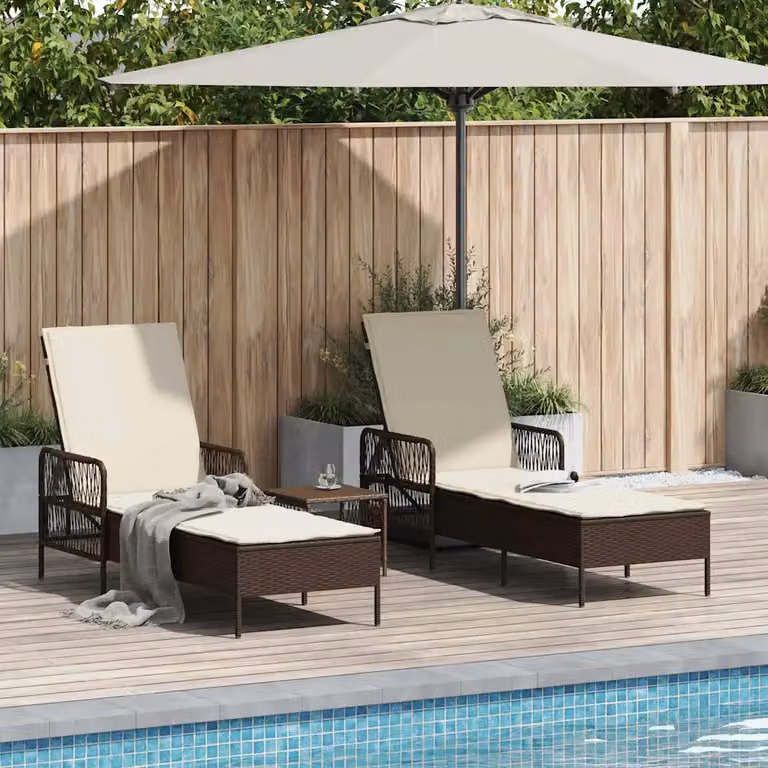 Set di 3 lettini da sole vidaXL in polyrattan con struttura in acciaio Marrone e Bianco Crema