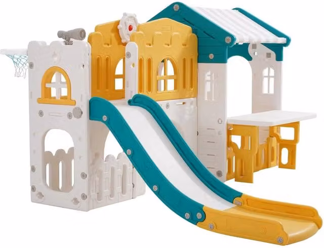 Casetta da gioco per esterni multicolore con scivolo, canestro, telescopio e tunnel in plastica e tessuto, L/P/H: 187 x 151 x 110,5 cm