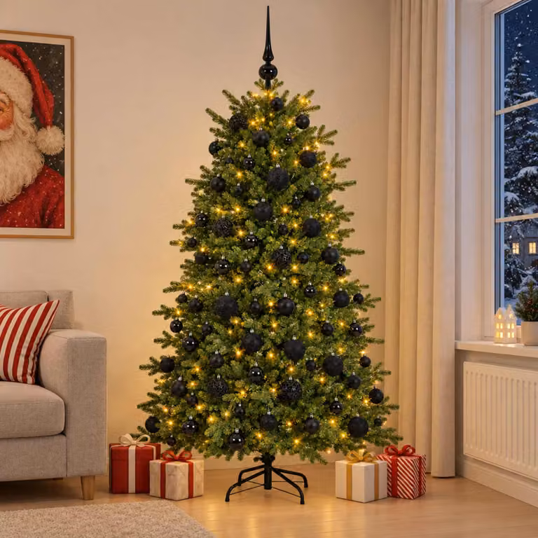 Albero di Natale artificiale verde vidaXL con 300 LED luce bianca calda e decorazioni, Altezza: 180 cm