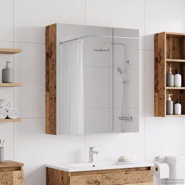 Mobiletto per specchio da bagno vidaXL in legno vecchio marrone, L: 60 cm, P: 14,5 cm, H: 70 cm