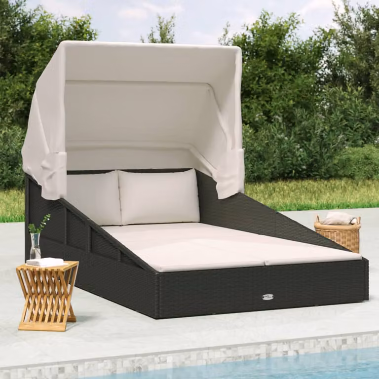 vidaXL Lettino da giardino con tettuccio pieghevole nero in polyrattan e acciaio L: 200 cm, P: 114 cm, H: 128 cm