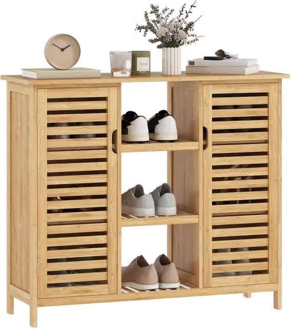 Armadio Minimal in Bambù con 2 Ante, Ripiani Interni e Compartimenti Aperti, Colore Beige, L: 100 cm, P: 33 cm, H: 86 cm