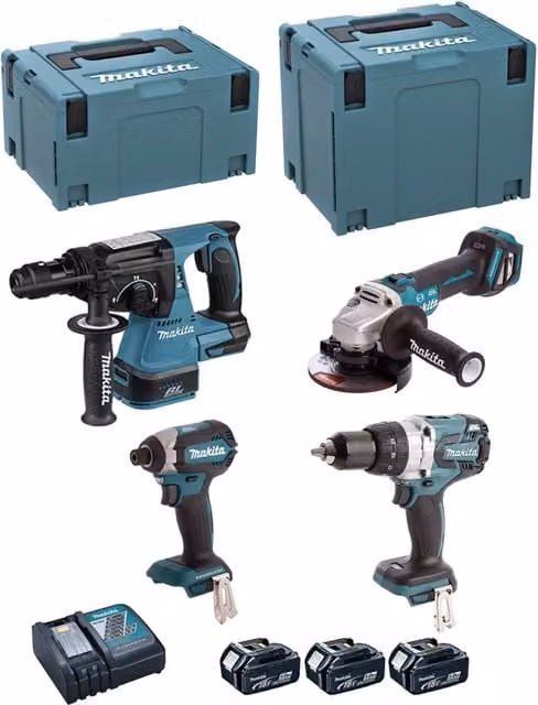 Kit utensili ricaricabili Makita DLX4104TJ1 con avvitatore, perforatore, avvitatore a impulsi, smerigliatrice, 3 batterie da 5,0 Ah e caricabatterie DC18RC con valigette MAKPAC
