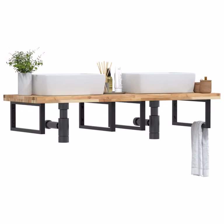 vidaXL Ripiano a Parete per Lavabo in Accacia e Metallo Nero e Marrone L: 50 cm, P: 24 cm, H: 5 cm