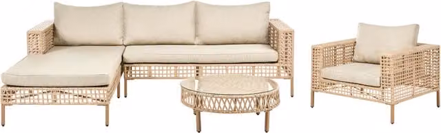 Set da giardino Beliani a 4 posti in rattan beige con cuscini, poltrona e tavolino da esterno