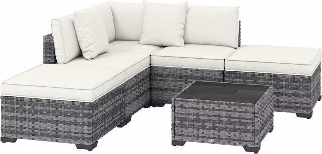 Set da giardino Outsunny Aosom composto da 6 pezzi in rattan e acciaio con divano a L, tavolino e cuscini, colore grigio