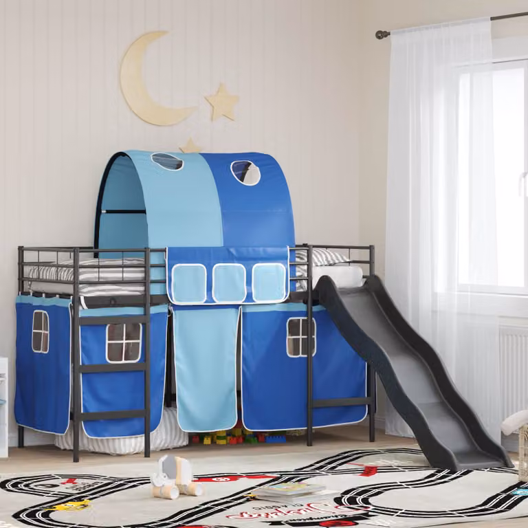 Letto a castello per bambini vidaXL in metallo con struttura a casetta e scala, Nero e Blu, L 190 x P 90 x H 194 cm