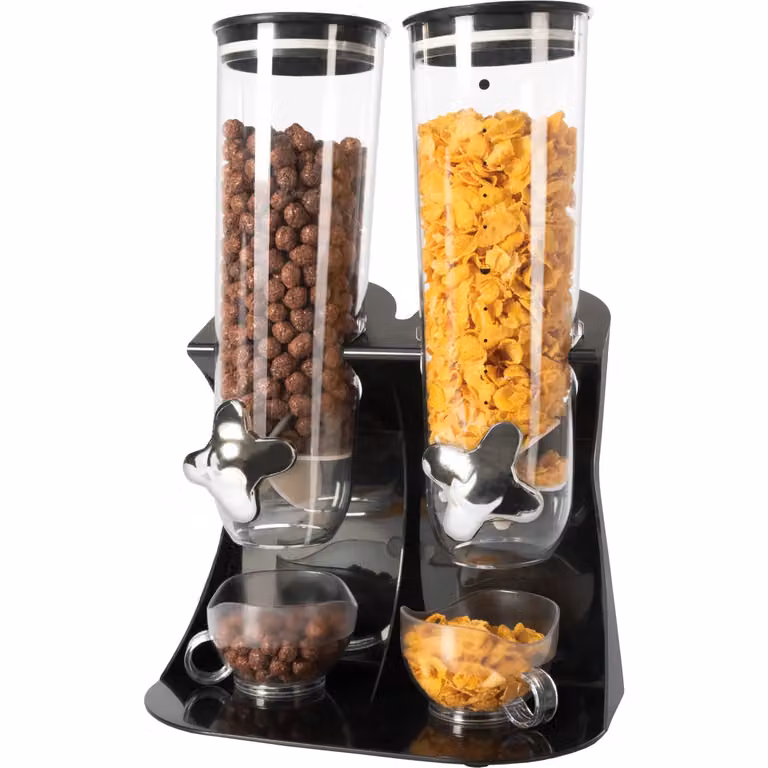 GUSTO CASA Dispenser Doppio per Cereali Trasparente con Manopole Dosatrici e 2 Tazze, Capacità 3 Litri