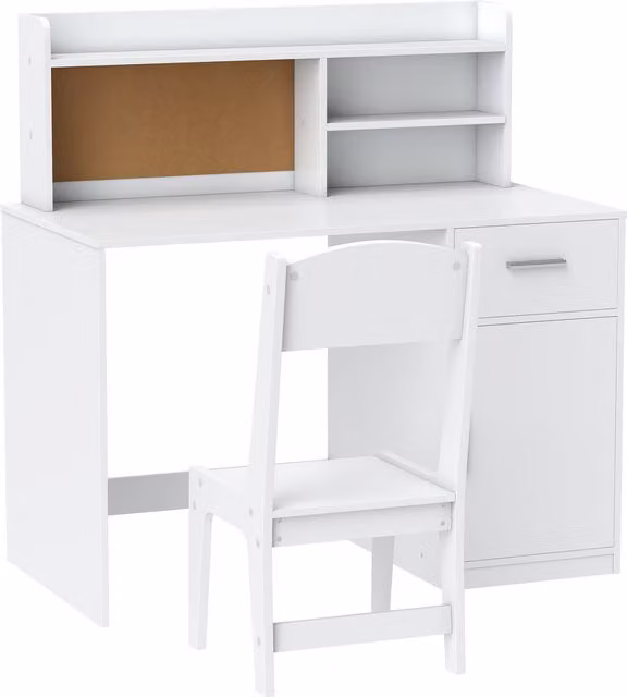 Set da scrivania per bambini AIYAPLAY in MDF bianco con scaffali, armadietto, cassetto e sedia coordinata