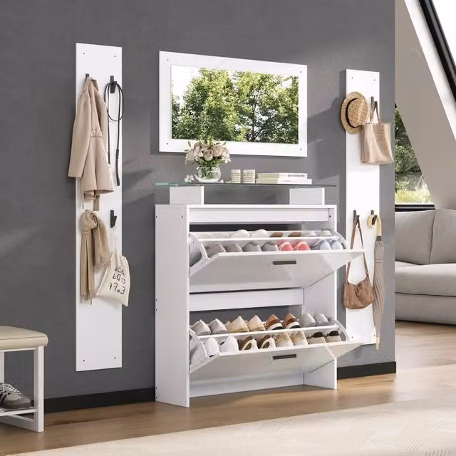 Set ingresso Minimal composto da consolle appendiabiti, specchio e porta scarpe in bianco lucido L: 89.5 cm, P: 23 cm, H: 96.5 cm
