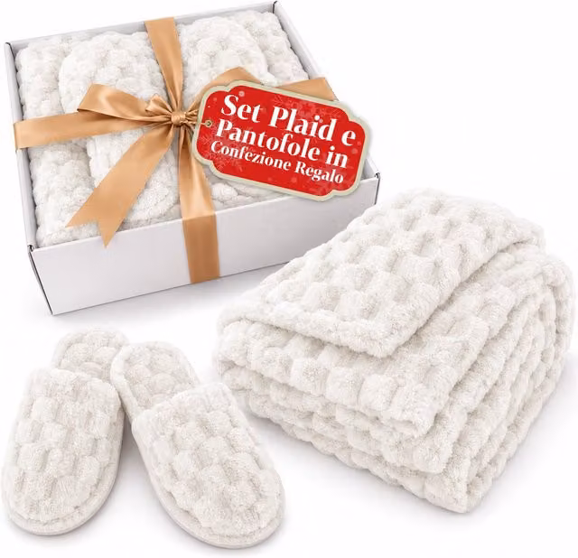 Set Coperta Plaid e Pantofole Saint Joy in Pile, Disponibile in Beige, Rosa, Bianco o Grigio, L: 130 cm x P: 160 cm
