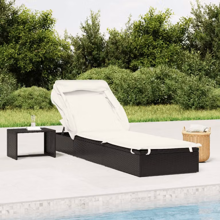 vidaXL Lettino da giardino moderno in rattan con tetto parasole e poggiatesta regolabile, Nero, L: 213 cm, P: 63 cm, H: 97 cm