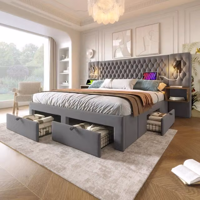 Set camera completo in velluto grigio con letto imbottito 180x200 cm e 2 comodini con 4 cassetti e porta USB in stile vintage