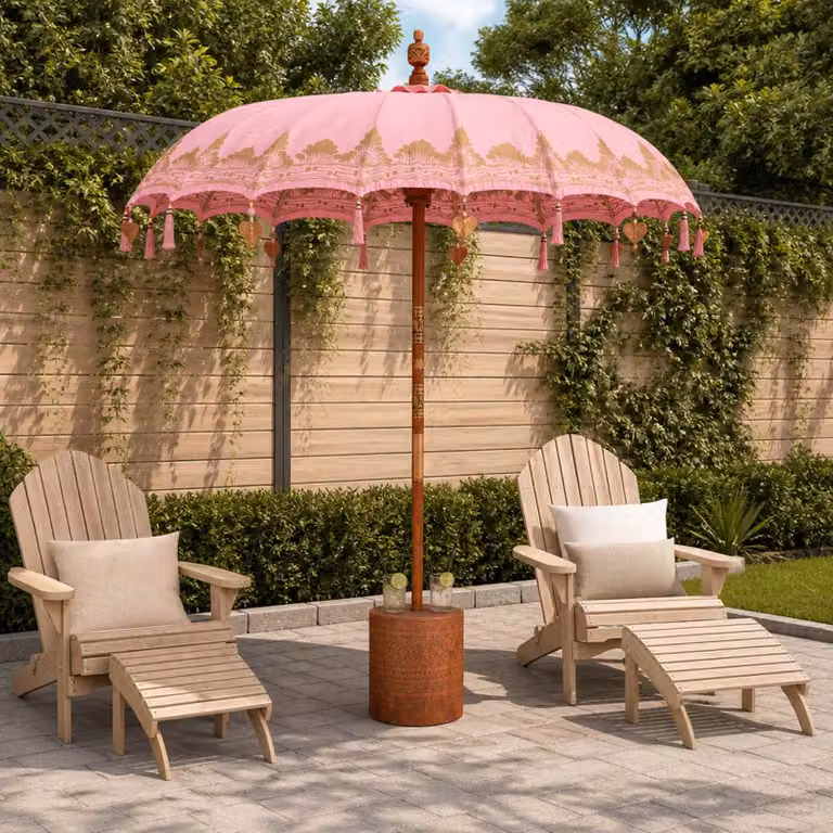 Set di 2 ombrelli balinesi vidaXL in cotone e bambù con base, colore rosa