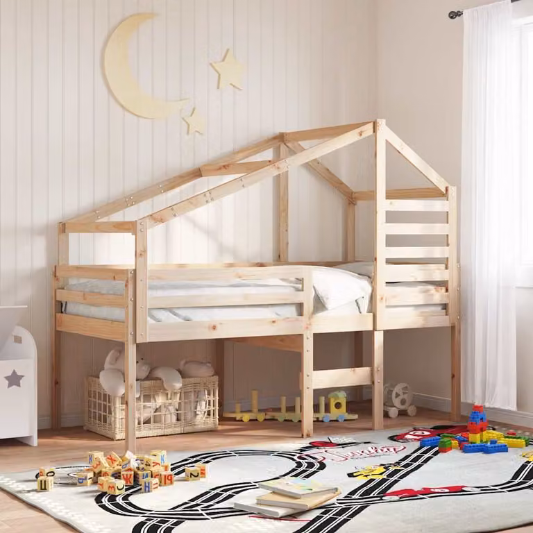 vidaXL Letto a Soppalco per Bambini con Tetto in Legno Massello di Pino, Marrone, L/P/H: 190 x 90 x 195,5 cm