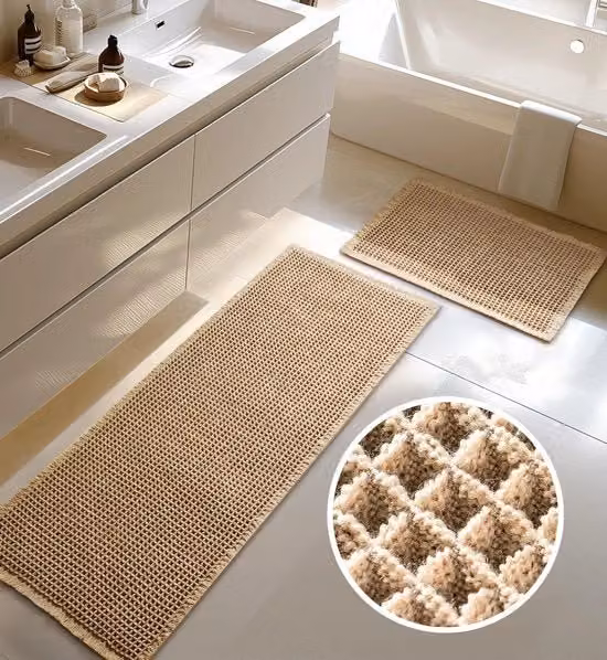 Set di tappeti da bagno Furicher in stile boho beige, antiscivolo e lavabili in lavatrice, L/P: 120 x 51 cm e 61 x 41 cm