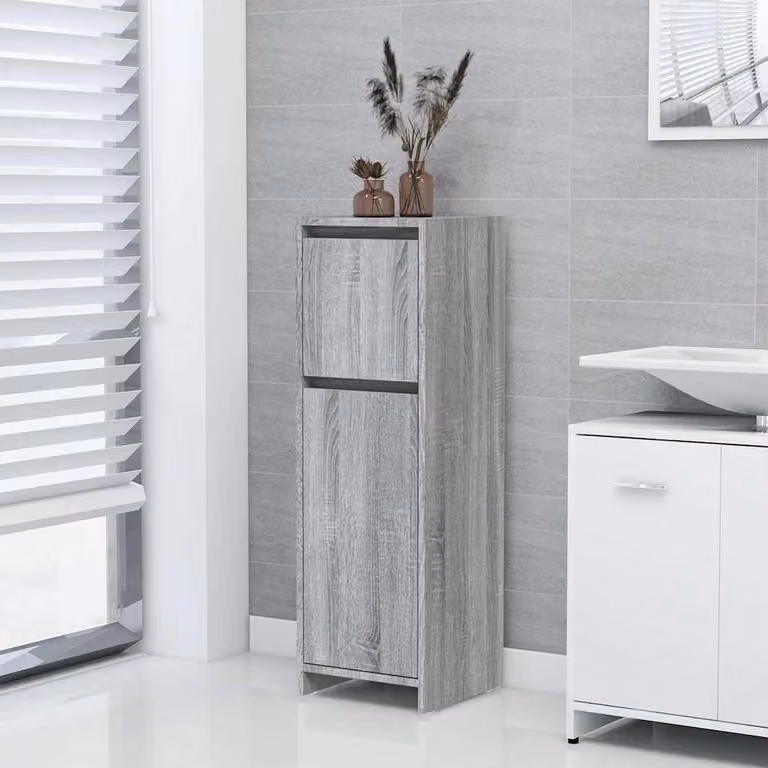 Armadietto da bagno moderno vidaXL in legno MDF grigio con ante a battente e cassetti, L/P/H: 30 x 30 x 95 cm