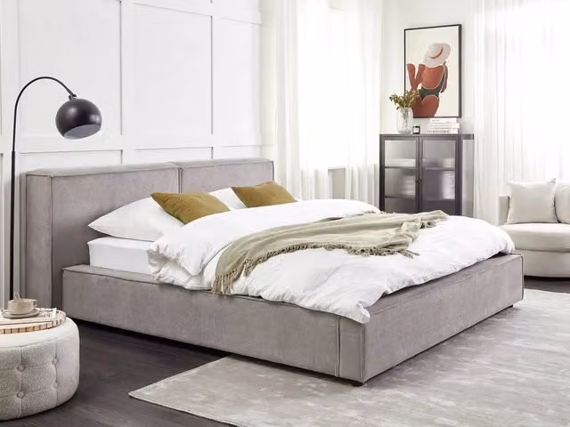 Letto matrimoniale Beliani in velluto grigio con struttura in legno di pino e doghe, stile classico, L/P/H: 160 x 200 x 242 cm