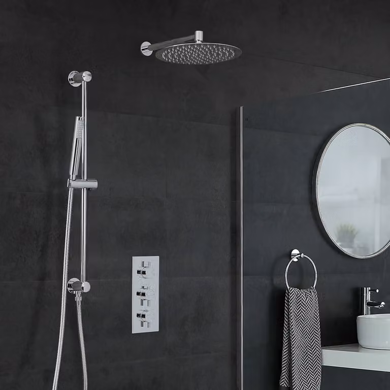 Set Doccia Termostatica Mirage con Miscelatore, Soffione Rain 300 mm, Asta Saliscendi e Doccetta in Ottone Cromato