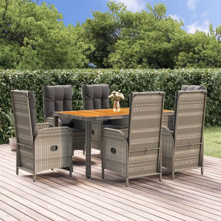 Set da pranzo da giardino vidaXL in polyrattan e legno di acacia grigio con 7 pezzi e cuscini
