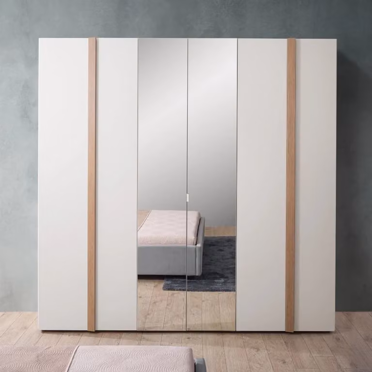 Completa Amor di Effezeta Italia: Camera da letto moderna con armadio a 6 ante con specchio e letto imbottito con contenitore, colore bianco e dettagli rovere, 160x200 cm