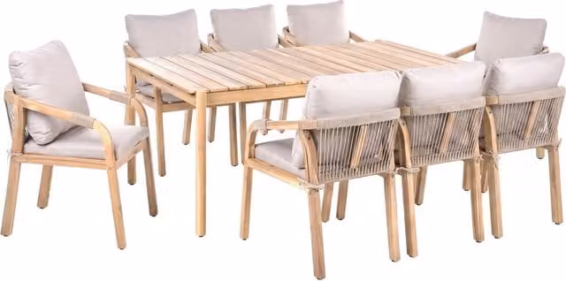 Set da pranzo da esterno BELIANI in legno di acacia color marrone beige composto da tavolo rettangolare e 8 sedie in stile rustico L: 180 cm, P: 105 cm, H: 76 cm