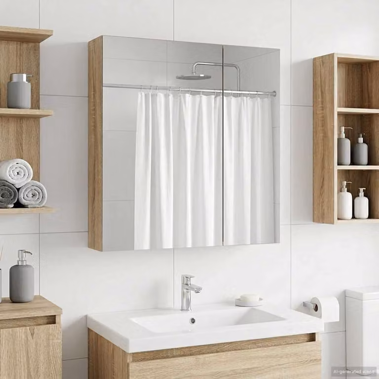 Mobiletto da bagno sospeso vidaXL in Rovere Sonoma con ante a vetro, L: 60 cm, P: 14,5 cm, H: 70 cm