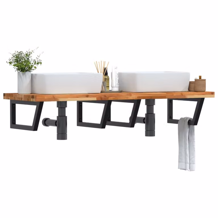 vidaXL Ripiano a Parete per Lavabo in Accacia e Metallo, Nero e Marrone, L: 50 cm, P: 24 cm, H: 50 cm