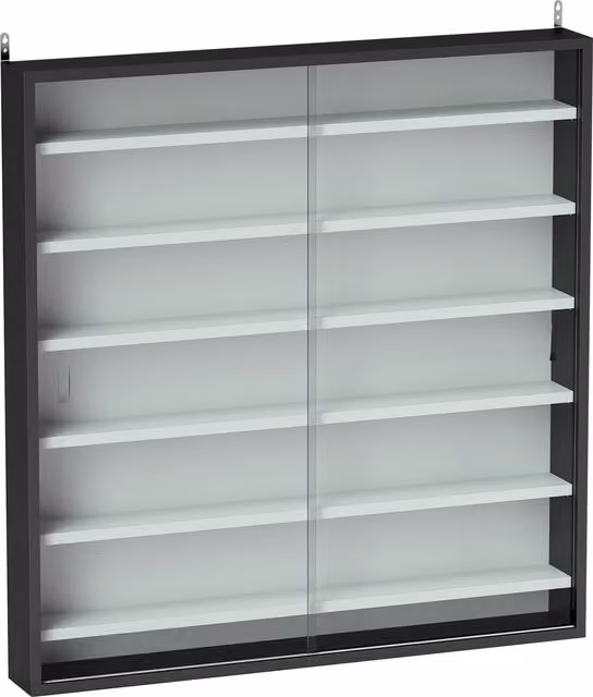 Bacheca Portaoggetti HOMCOM con 5 Ripiani Regolabili e Ante in Vetro, Bianco e Nero, L 80 cm x P 9,5 cm x H 83 cm