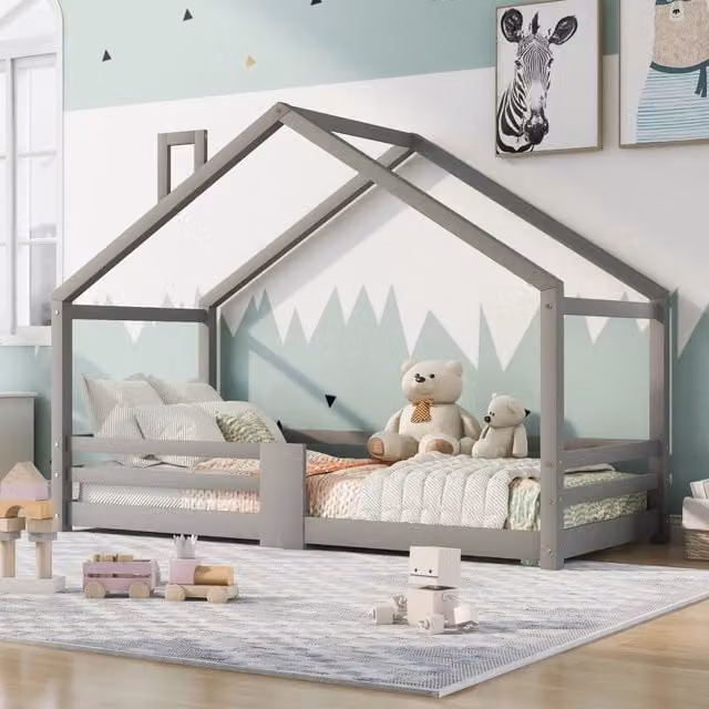 Letto a casetta per bambini CIPACHO in legno di pino laccato grigio con protezione anticasco e reti a doghe L/P/H: 209 x 90 x 120 cm