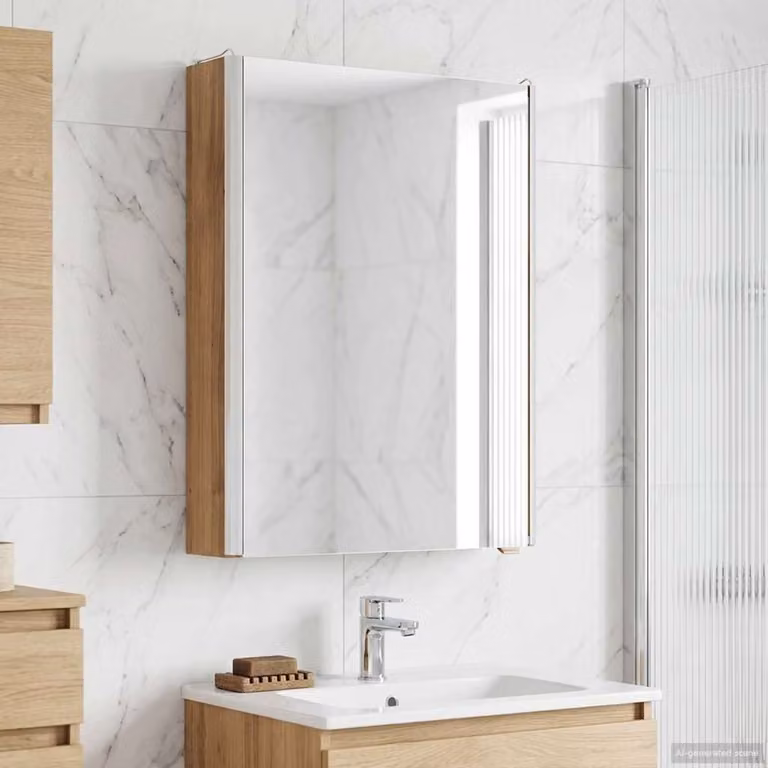 Mobiletto per specchio da bagno vidaXL moderno in legno rovere con illuminazione LED e ante a vetro, L: 60,5 cm, H: 43,0 cm, P: 11,5 cm
