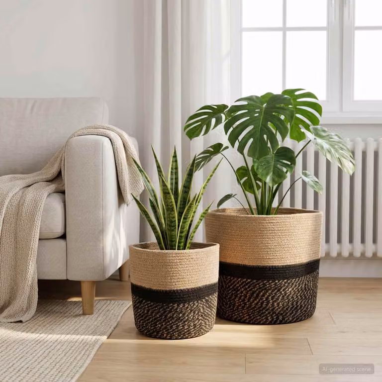 Set di 2 vasi per piante da tavolo vidaXL in juta, stile rustico, colori beige e nero, Ø 28 cm