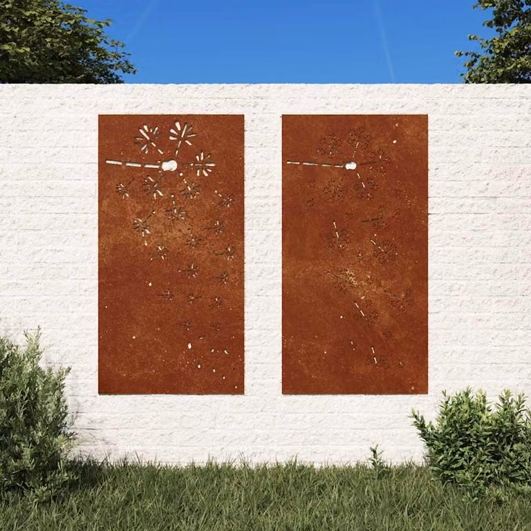 Set di 2 decorazioni da muro per giardino vidaXL in acciaio corten color marrone con motivo floreale, L: 105 cm, H: 55 cm