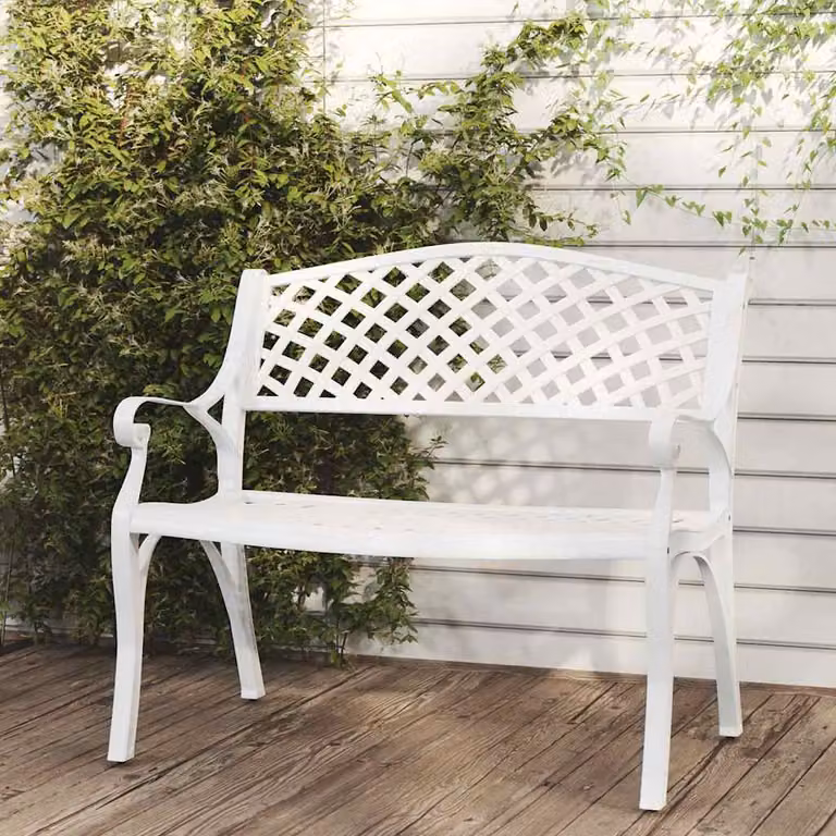 Panchina da giardino vidaXL in alluminio pressofuso bianco con braccioli e decorazioni floreali, L: 102 cm