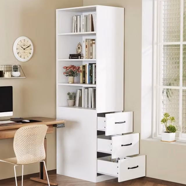 Libreria OKWISH moderna in MDF bianco con 3 cassetti, 4 vani aperti e ripiani regolabili, L: 60 cm, P: 38 cm, H: 180 cm