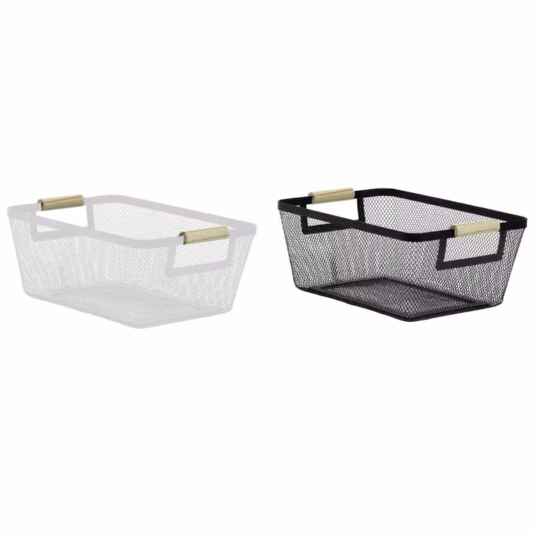 Cesta portaoggetti in metallo mesh con manici in legno Vestiamo Casa, disponibile in bianco o nero, H 13,5 x L 33 x P 22 cm