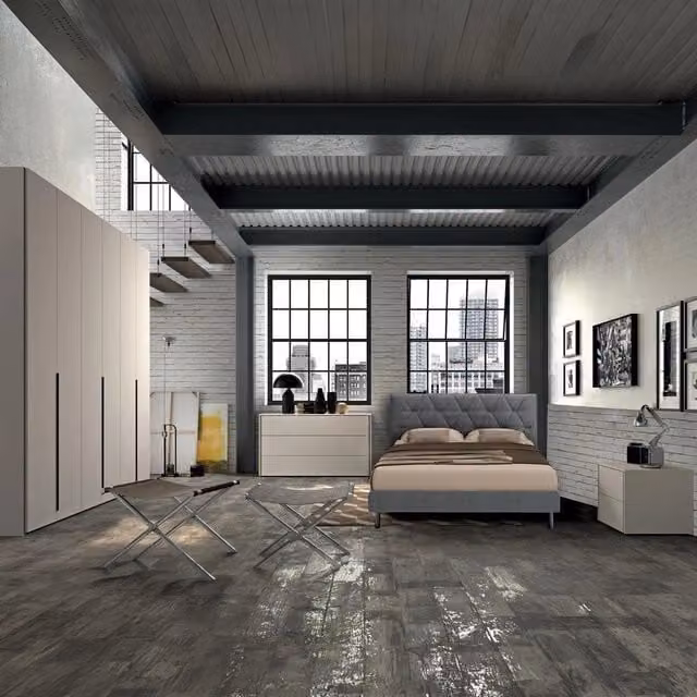 Set camera da letto moderna Piera in finitura frassino con letto contenitore e armadio, colori grigio e bianco