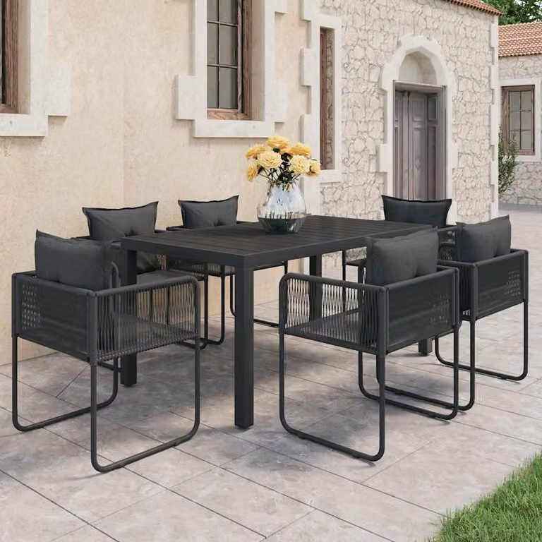 Set da pranzo da giardino vidaXL in 7 pezzi in polyrattan nero e grigio con tavolo rettangolare e struttura in metallo