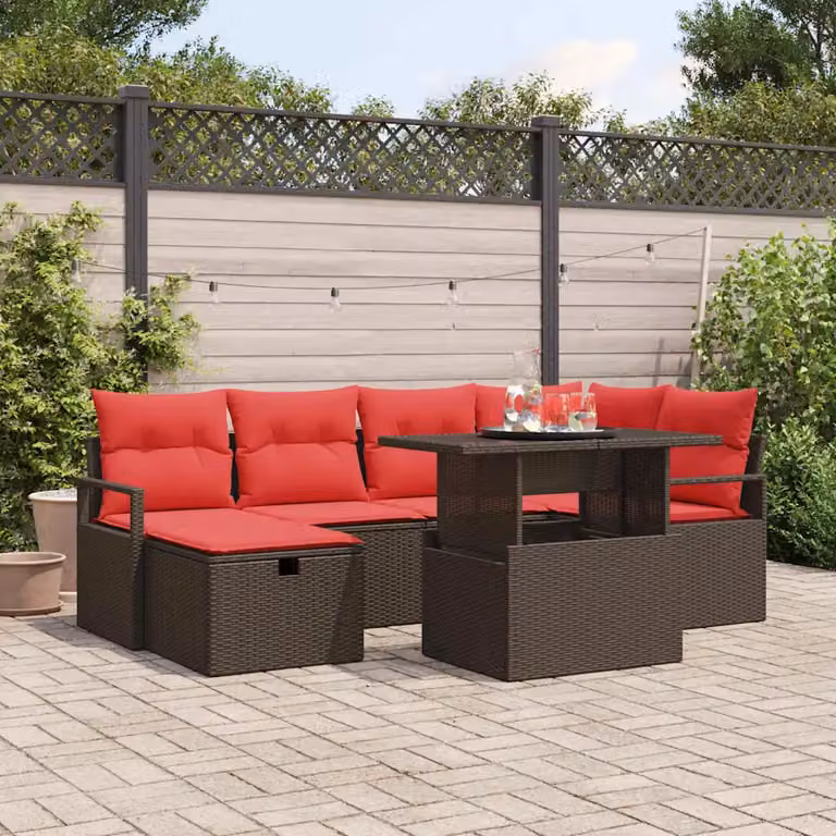 Set Divano da Giardino vidaXL 7 Pezzi in Polyrattan con Cuscini e Tavolino, Design Moderno a L con Struttura in Acciaio e Vetro