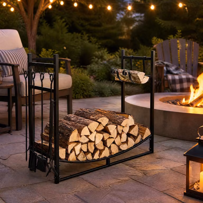 Legnaia rialzata in metallo Costway con ganci rimovibili, pala, spazzola, attizzatoio e pinza, colore nero, per interno ed esterno