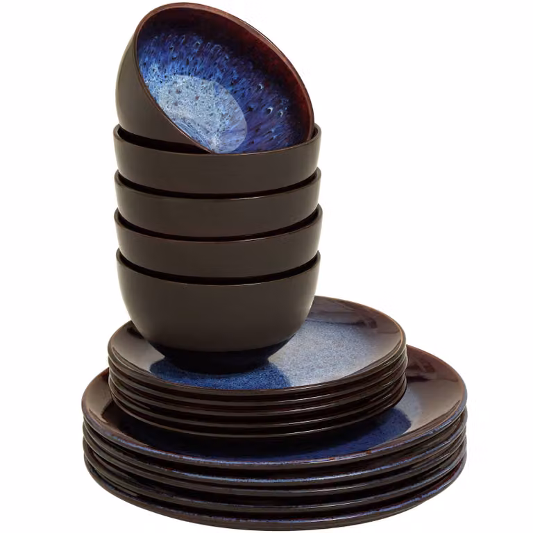 Servizio da cena Mare tectake in ceramica e gres, 24 pezzi per 6 persone, blu e marrone