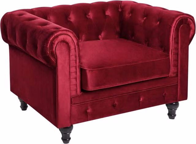 Poltrona Chesterfield Beliani in Velluto Rosso con Gambe in Legno di Gomma