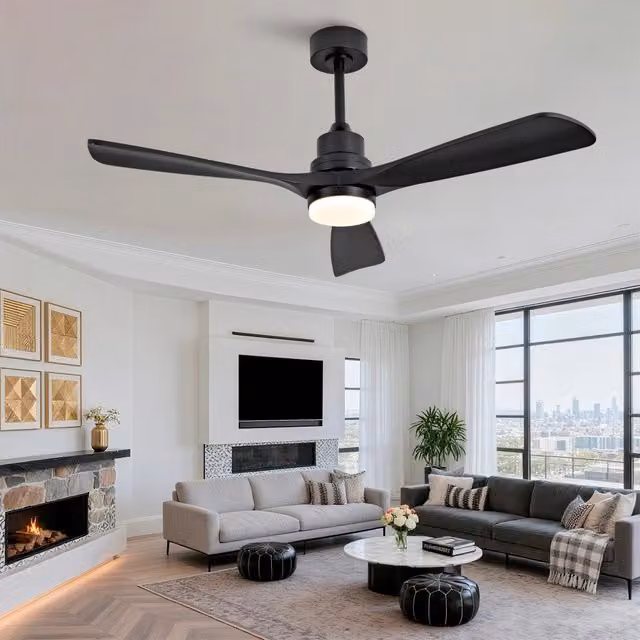 Ventilatore a soffitto Minimal con luce e telecomando, 3 pale in legno massello nero, 6 velocità, dimmerabile e rotazione inversa